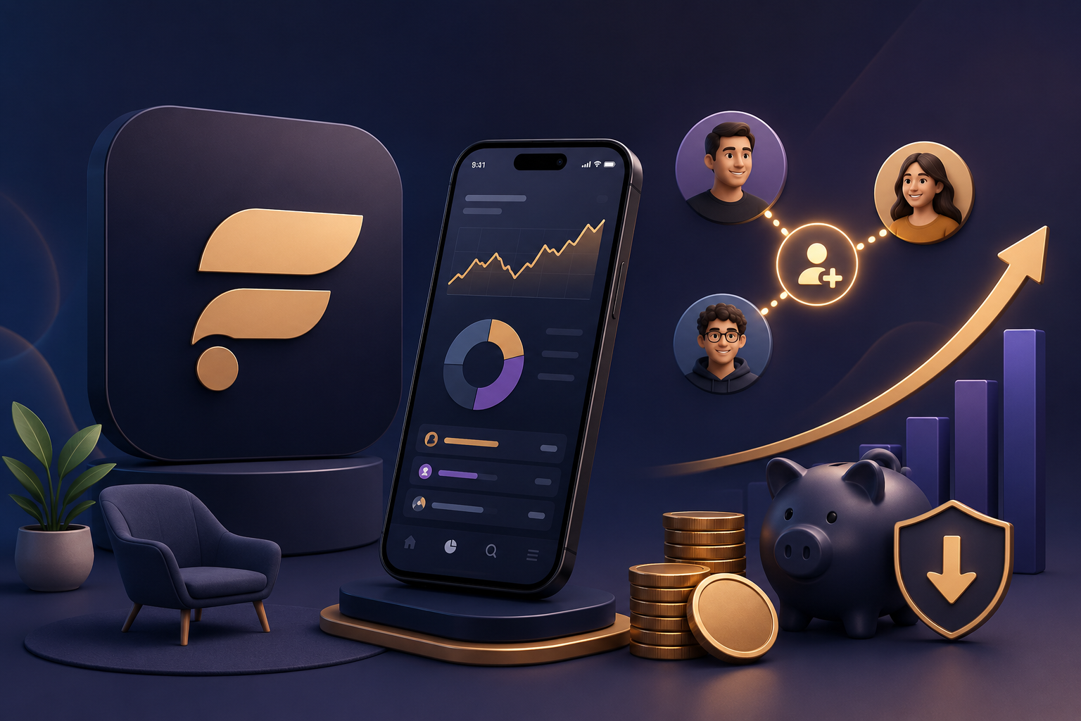 app finary, tirelie, graphique d'évolution du patrimoine sur fond bleu nuit