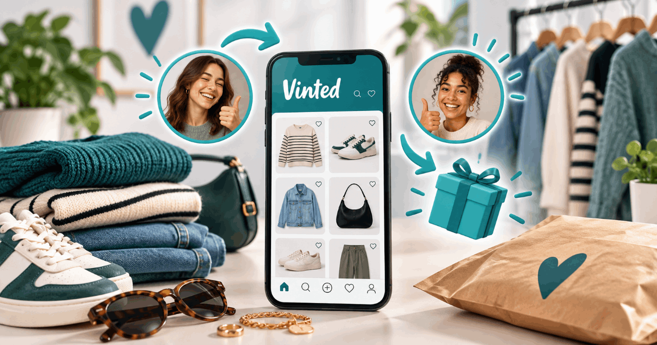 Illustration d’un smartphone affichant l’univers Vinted, entouré de vêtements, accessoires, colis, profils d’utilisatrices et d’un cadeau symbolisant la récompense de parrainage.